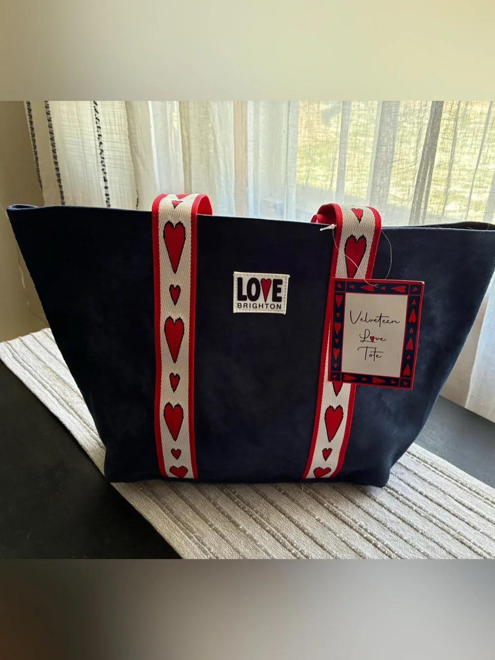 Brighton Navy Tote with Red Heart-Strap Accents